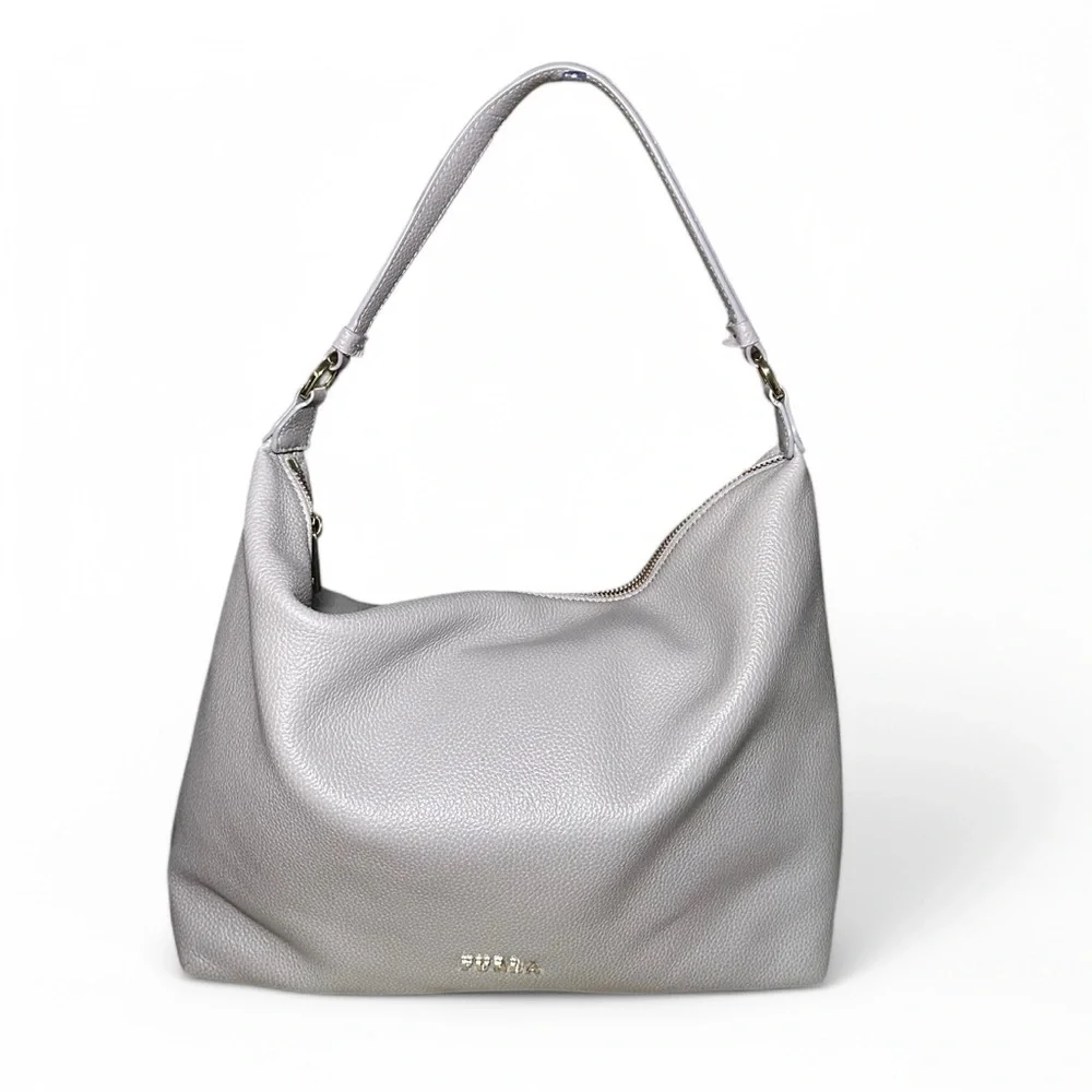 Furla Gray Pebbled Leather Hobo Bag